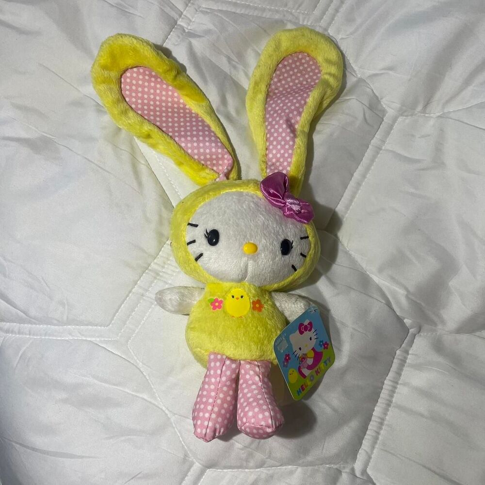 NWT Hello Kitty Bunny Yellow Pink Sanrio Stuffed Animal Plush Easter Basket
